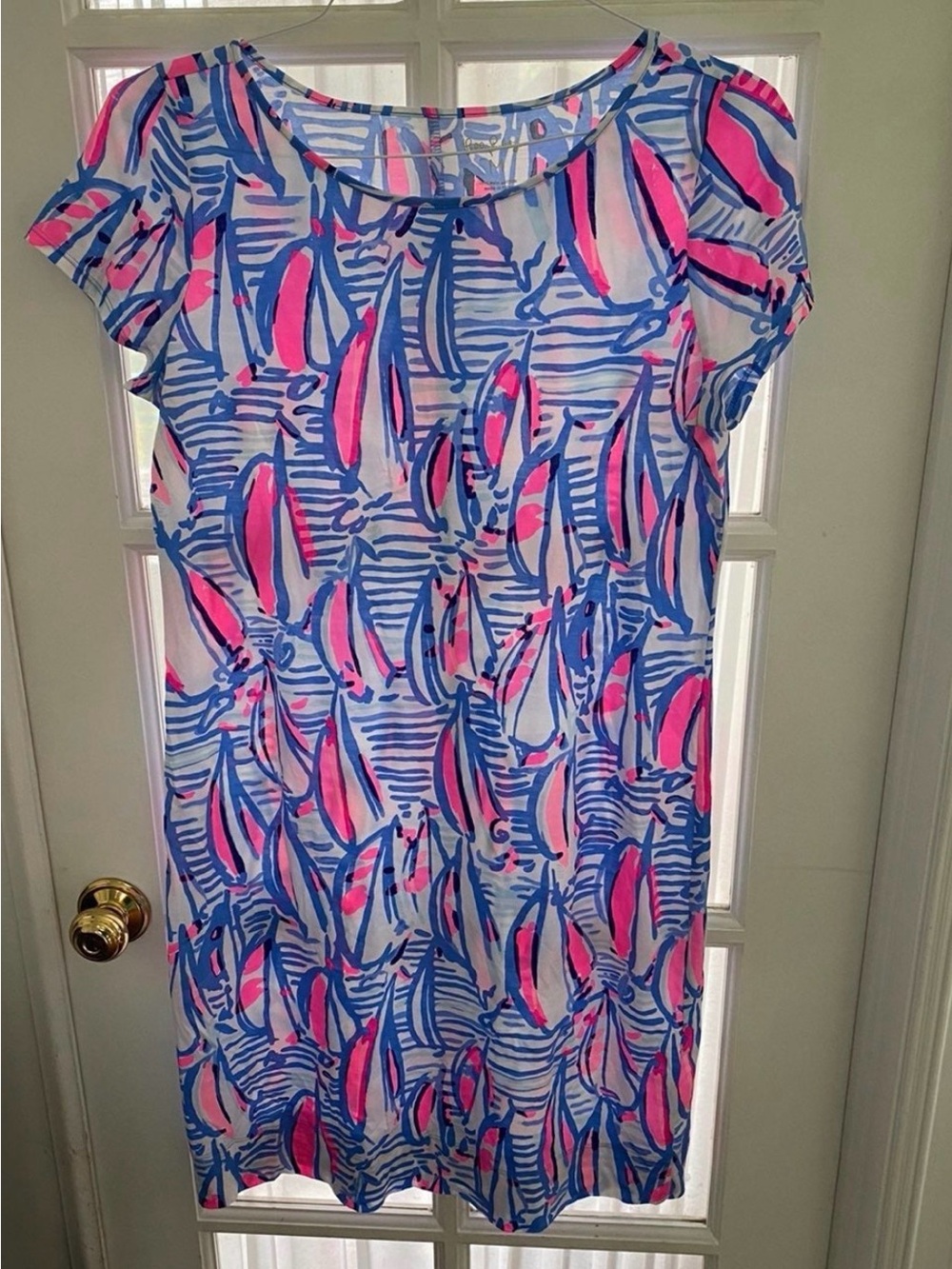 Bright Blue & Pink Printed Shift Dress red right return sailboat Margot